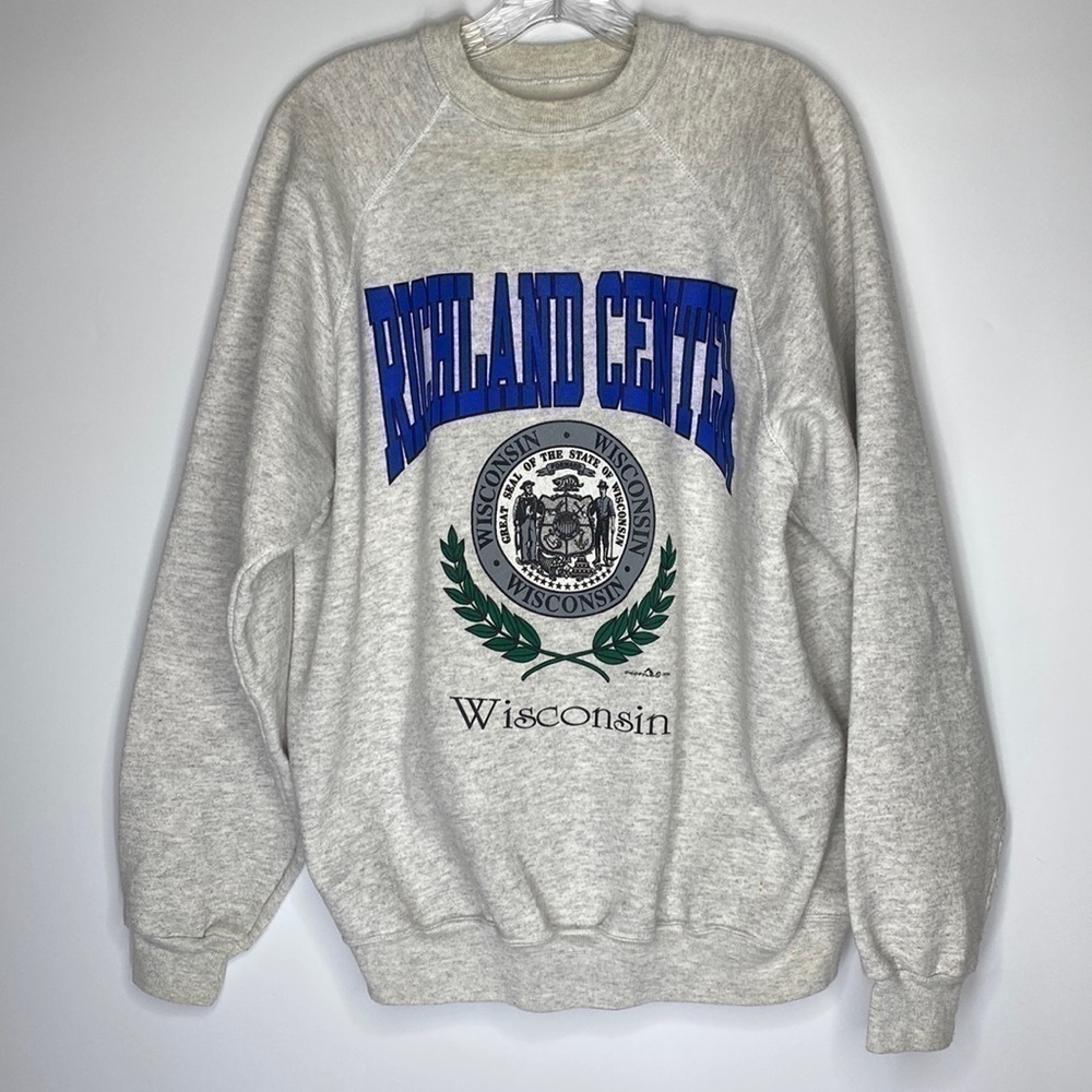 Vintage Richland Center Wisconsin Grey Crewneck Sweatshirt 1992 Raglan Sleeve XL